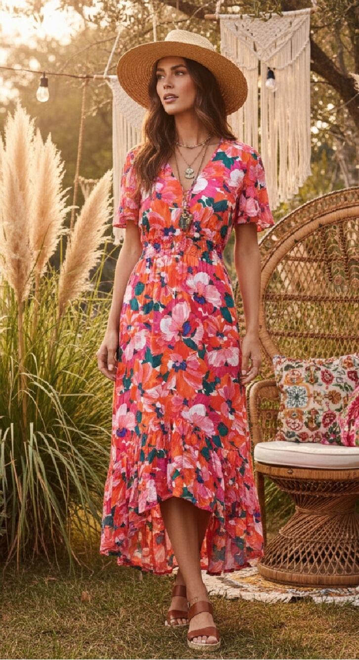 Abel the Label Floral Flutter Midi Maxi Dress Size Small Red Pink Beachy Boho